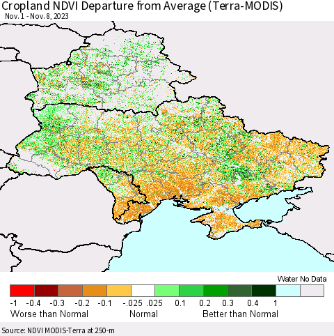 Ukraine, Moldova and Belarus Cropland NDVI Departure from Average (Terra-MODIS) Thematic Map For 11/1/2023 - 11/8/2023