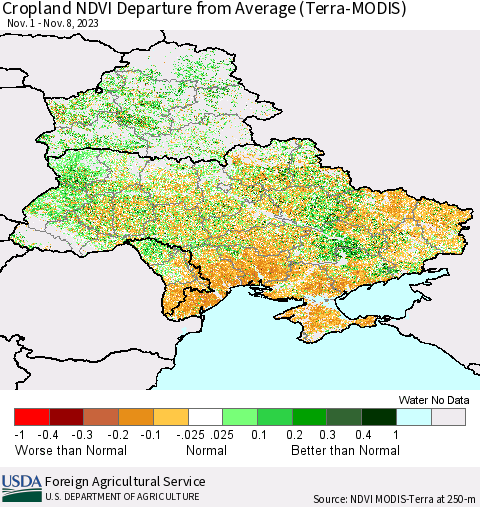 Ukraine, Moldova and Belarus Cropland NDVI Departure from Average (Terra-MODIS) Thematic Map For 11/1/2023 - 11/10/2023