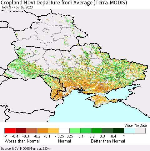 Ukraine, Moldova and Belarus Cropland NDVI Departure from Average (Terra-MODIS) Thematic Map For 11/9/2023 - 11/16/2023