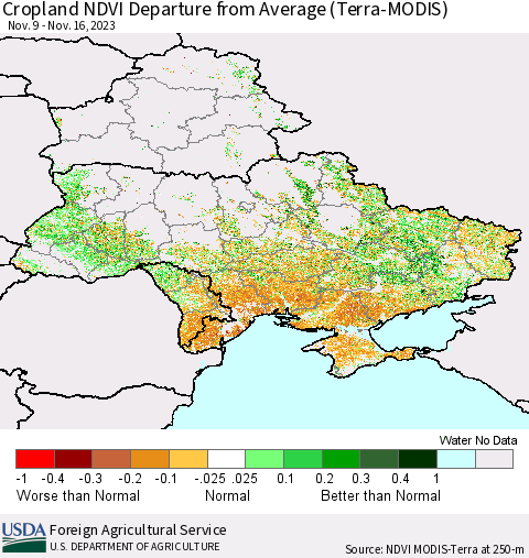 Ukraine, Moldova and Belarus Cropland NDVI Departure from Average (Terra-MODIS) Thematic Map For 11/11/2023 - 11/20/2023