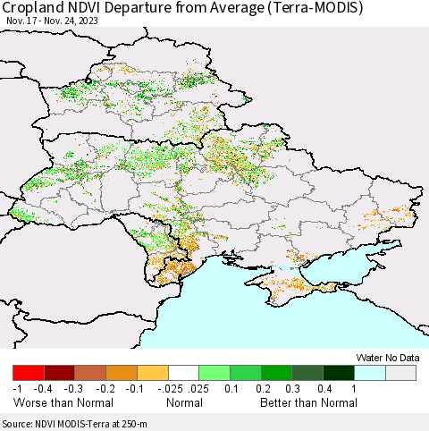 Ukraine, Moldova and Belarus Cropland NDVI Departure from Average (Terra-MODIS) Thematic Map For 11/17/2023 - 11/24/2023