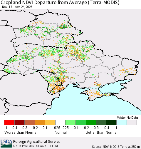 Ukraine, Moldova and Belarus Cropland NDVI Departure from Average (Terra-MODIS) Thematic Map For 11/21/2023 - 11/30/2023