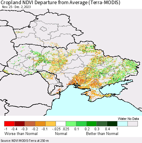 Ukraine, Moldova and Belarus Cropland NDVI Departure from Average (Terra-MODIS) Thematic Map For 11/25/2023 - 12/2/2023