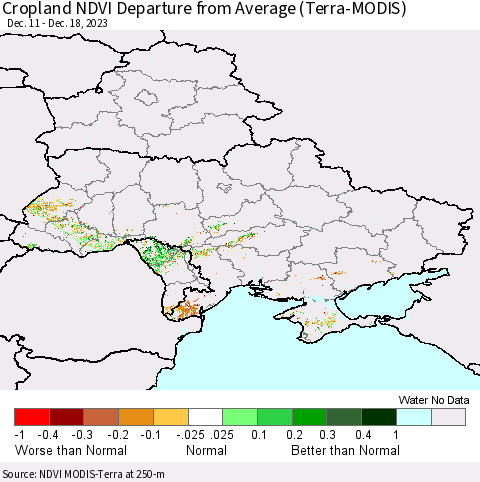 Ukraine, Moldova and Belarus Cropland NDVI Departure from Average (Terra-MODIS) Thematic Map For 12/11/2023 - 12/18/2023