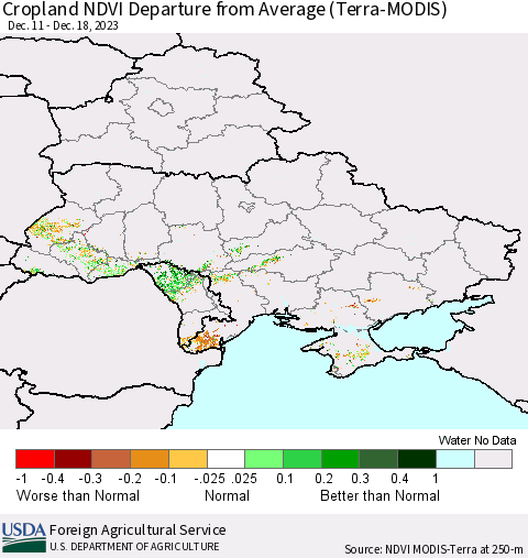 Ukraine, Moldova and Belarus Cropland NDVI Departure from Average (Terra-MODIS) Thematic Map For 12/11/2023 - 12/20/2023