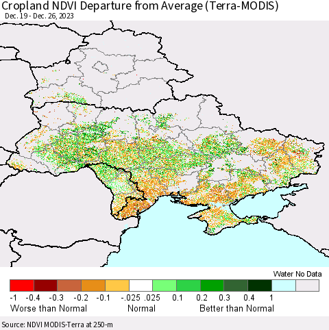 Ukraine, Moldova and Belarus Cropland NDVI Departure from Average (Terra-MODIS) Thematic Map For 12/19/2023 - 12/26/2023