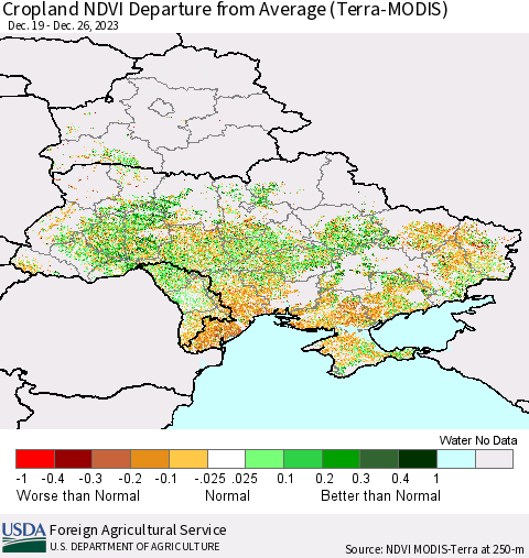 Ukraine, Moldova and Belarus Cropland NDVI Departure from Average (Terra-MODIS) Thematic Map For 12/21/2023 - 12/31/2023
