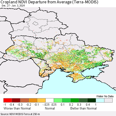 Ukraine, Moldova and Belarus Cropland NDVI Departure from Average (Terra-MODIS) Thematic Map For 12/27/2023 - 1/3/2024