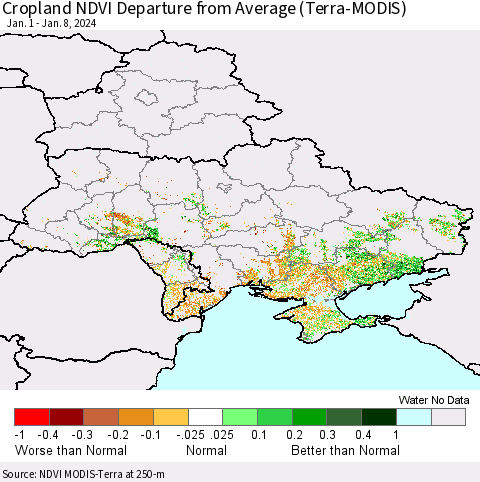 Ukraine, Moldova and Belarus Cropland NDVI Departure from Average (Terra-MODIS) Thematic Map For 1/1/2024 - 1/8/2024