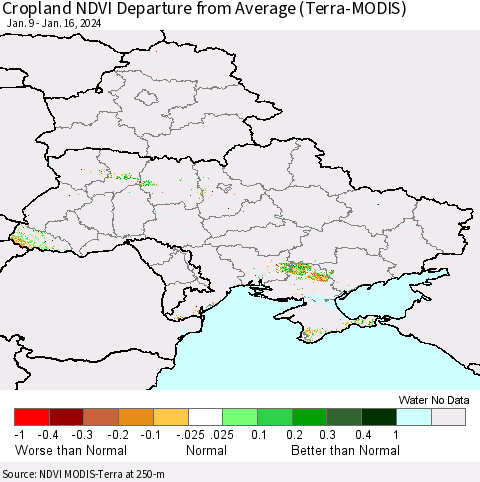 Ukraine, Moldova and Belarus Cropland NDVI Departure from Average (Terra-MODIS) Thematic Map For 1/9/2024 - 1/16/2024