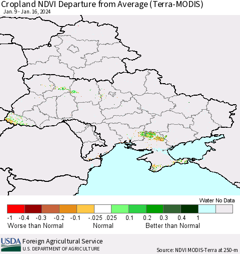 Ukraine, Moldova and Belarus Cropland NDVI Departure from Average (Terra-MODIS) Thematic Map For 1/11/2024 - 1/20/2024