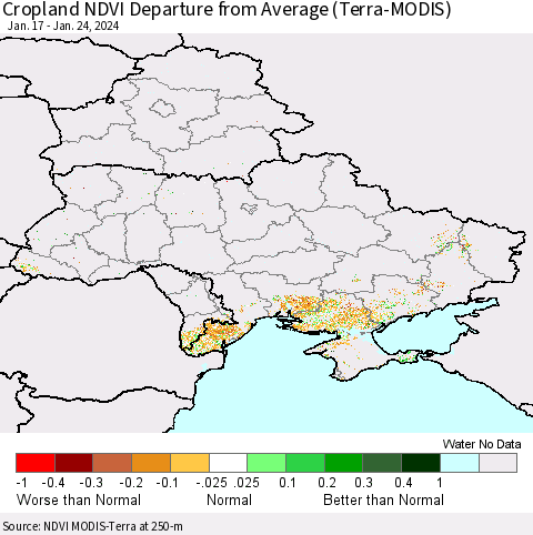 Ukraine, Moldova and Belarus Cropland NDVI Departure from Average (Terra-MODIS) Thematic Map For 1/17/2024 - 1/24/2024