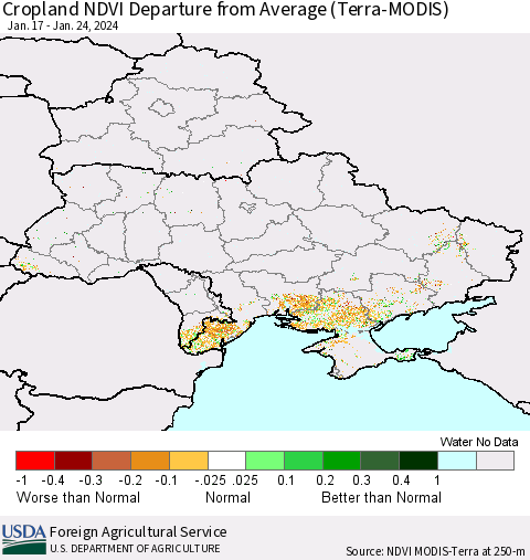 Ukraine, Moldova and Belarus Cropland NDVI Departure from Average (Terra-MODIS) Thematic Map For 1/21/2024 - 1/31/2024