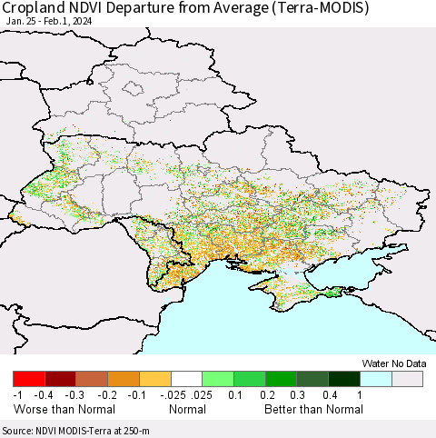 Ukraine, Moldova and Belarus Cropland NDVI Departure from Average (Terra-MODIS) Thematic Map For 1/25/2024 - 2/1/2024