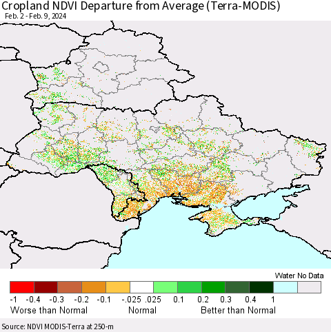 Ukraine, Moldova and Belarus Cropland NDVI Departure from Average (Terra-MODIS) Thematic Map For 2/2/2024 - 2/9/2024