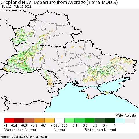 Ukraine, Moldova and Belarus Cropland NDVI Departure from Average (Terra-MODIS) Thematic Map For 2/10/2024 - 2/17/2024