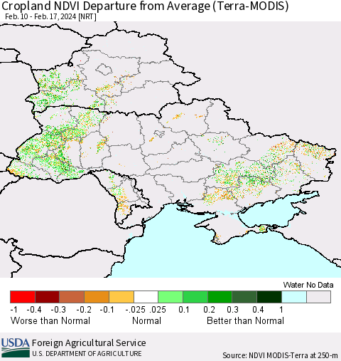 Ukraine, Moldova and Belarus Cropland NDVI Departure from Average (Terra-MODIS) Thematic Map For 2/11/2024 - 2/20/2024