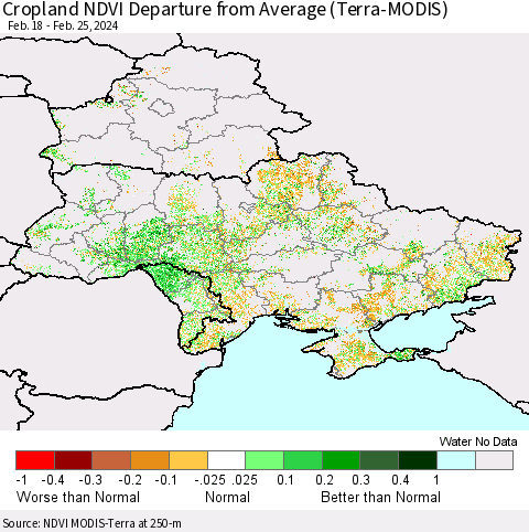 Ukraine, Moldova and Belarus Cropland NDVI Departure from Average (Terra-MODIS) Thematic Map For 2/18/2024 - 2/25/2024