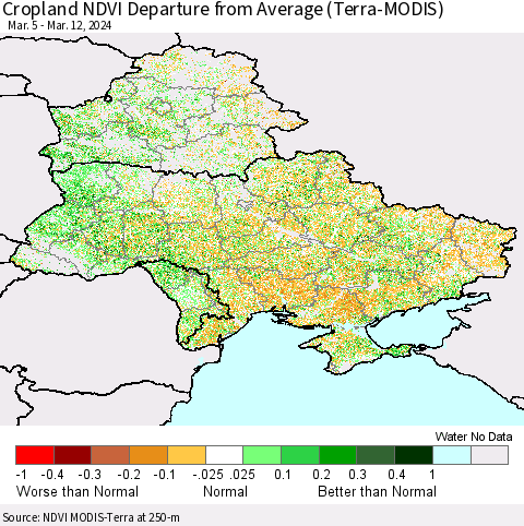 Ukraine, Moldova and Belarus Cropland NDVI Departure from Average (Terra-MODIS) Thematic Map For 3/5/2024 - 3/12/2024