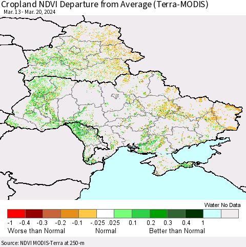 Ukraine, Moldova and Belarus Cropland NDVI Departure from Average (Terra-MODIS) Thematic Map For 3/13/2024 - 3/20/2024