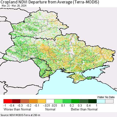 Ukraine, Moldova and Belarus Cropland NDVI Departure from Average (Terra-MODIS) Thematic Map For 3/21/2024 - 3/28/2024