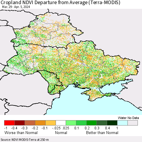 Ukraine, Moldova and Belarus Cropland NDVI Departure from Average (Terra-MODIS) Thematic Map For 3/29/2024 - 4/5/2024
