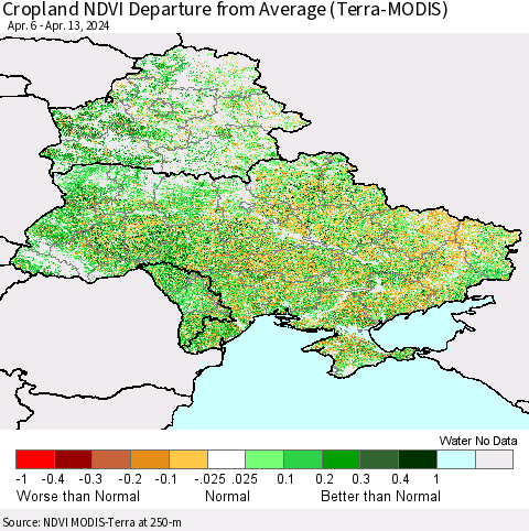 Ukraine, Moldova and Belarus Cropland NDVI Departure from Average (Terra-MODIS) Thematic Map For 4/6/2024 - 4/13/2024
