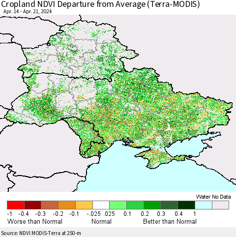 Ukraine, Moldova and Belarus Cropland NDVI Departure from Average (Terra-MODIS) Thematic Map For 4/14/2024 - 4/21/2024