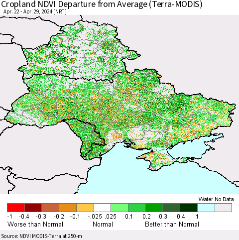 Ukraine, Moldova and Belarus Cropland NDVI Departure from Average (Terra-MODIS) Thematic Map For 4/22/2024 - 4/29/2024