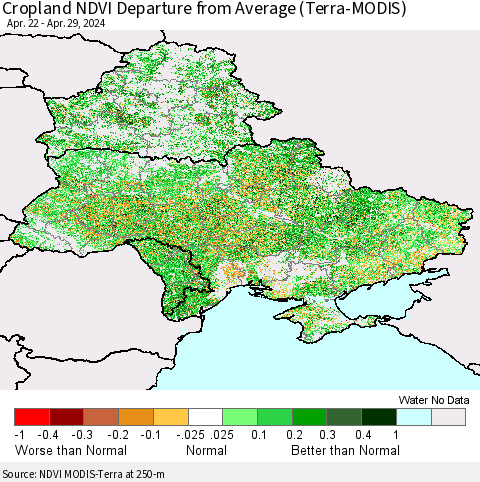 Ukraine, Moldova and Belarus Cropland NDVI Departure from Average (Terra-MODIS) Thematic Map For 4/22/2024 - 4/29/2024