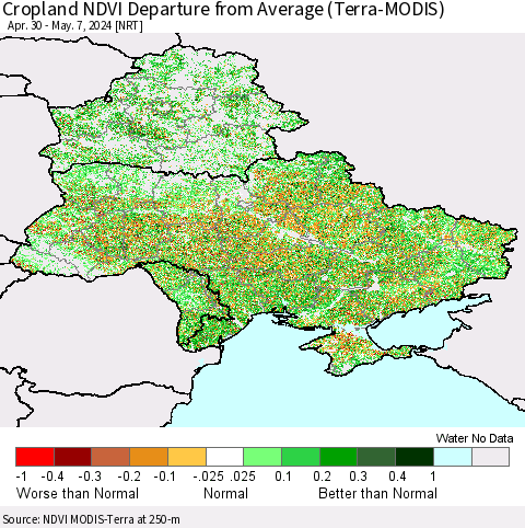 Ukraine, Moldova and Belarus Cropland NDVI Departure from Average (Terra-MODIS) Thematic Map For 4/30/2024 - 5/7/2024