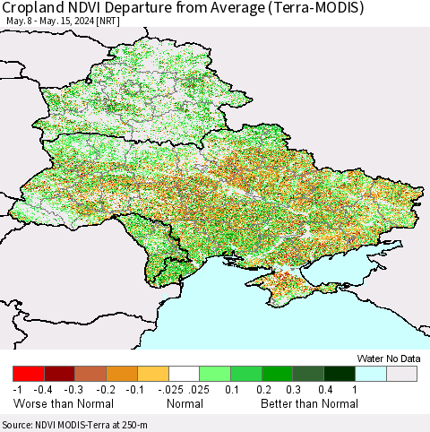 Ukraine, Moldova and Belarus Cropland NDVI Departure from Average (Terra-MODIS) Thematic Map For 5/8/2024 - 5/15/2024