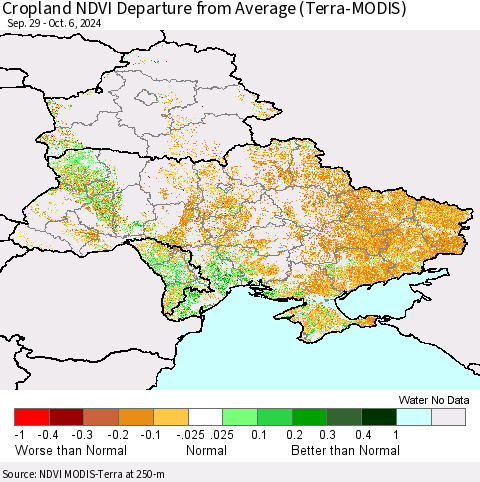 Ukraine, Moldova and Belarus Cropland NDVI Departure from Average (Terra-MODIS) Thematic Map For 9/29/2024 - 10/6/2024