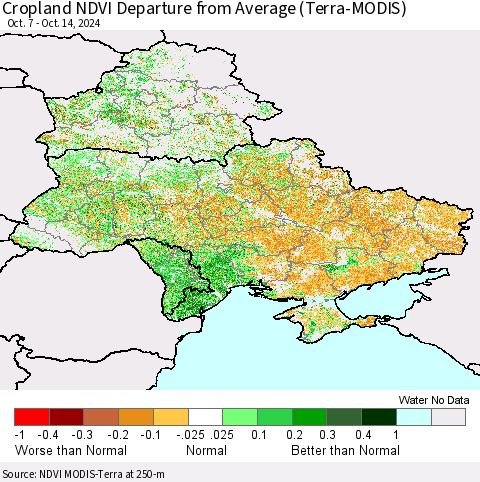 Ukraine, Moldova and Belarus Cropland NDVI Departure from Average (Terra-MODIS) Thematic Map For 10/7/2024 - 10/14/2024