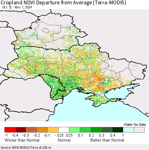 Ukraine, Moldova and Belarus Cropland NDVI Departure from Average (Terra-MODIS) Thematic Map For 10/31/2024 - 11/7/2024