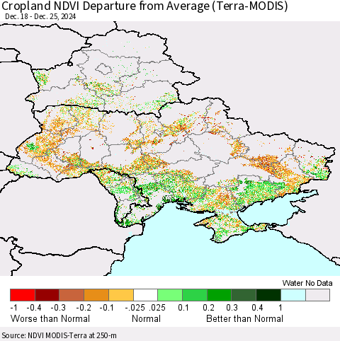 Ukraine, Moldova and Belarus Cropland NDVI Departure from Average (Terra-MODIS) Thematic Map For 12/18/2024 - 12/25/2024