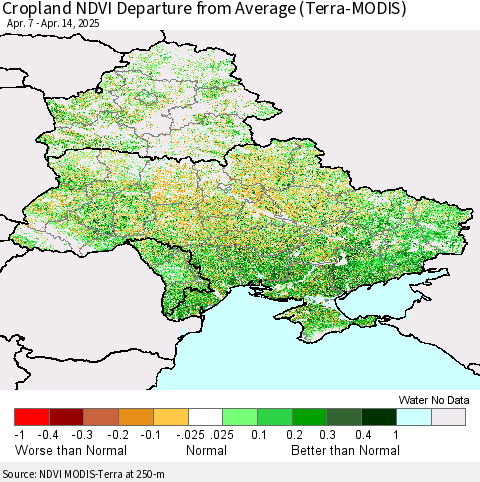 Ukraine, Moldova and Belarus Cropland NDVI Departure from Average (Terra-MODIS) Thematic Map For 4/7/2025 - 4/14/2025