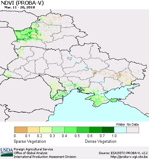 Ukraine, Moldova and Belarus NDVI (PROBA-V) Thematic Map For 3/11/2018 - 3/20/2018