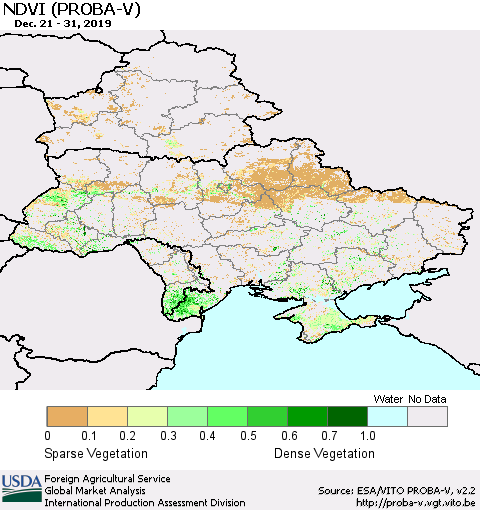 Ukraine, Moldova and Belarus NDVI (PROBA-V) Thematic Map For 12/21/2019 - 12/31/2019