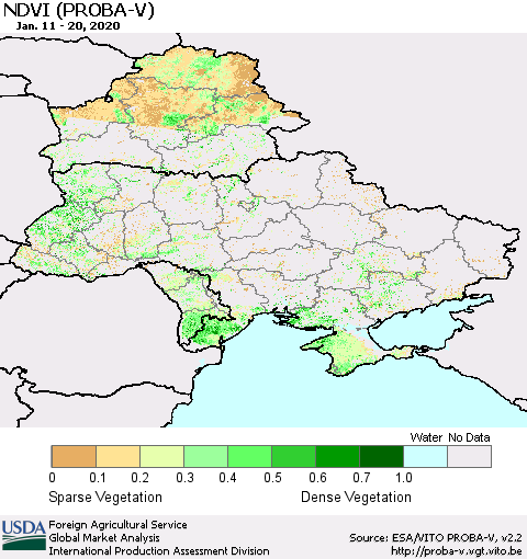 Ukraine, Moldova and Belarus NDVI (PROBA-V) Thematic Map For 1/11/2020 - 1/20/2020