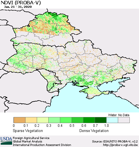 Ukraine, Moldova and Belarus NDVI (PROBA-V) Thematic Map For 1/21/2020 - 1/31/2020
