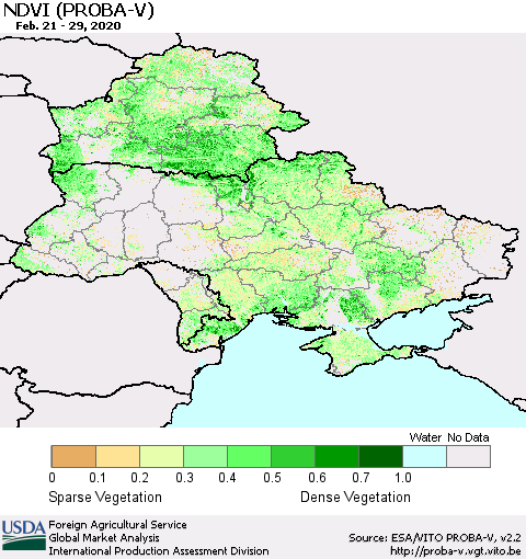 Ukraine, Moldova and Belarus NDVI (PROBA-V) Thematic Map For 2/21/2020 - 2/29/2020