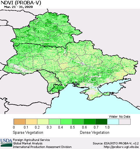 Ukraine, Moldova and Belarus NDVI (PROBA-V) Thematic Map For 3/21/2020 - 3/31/2020
