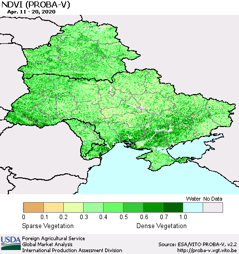 Ukraine, Moldova and Belarus NDVI (PROBA-V) Thematic Map For 4/11/2020 - 4/20/2020