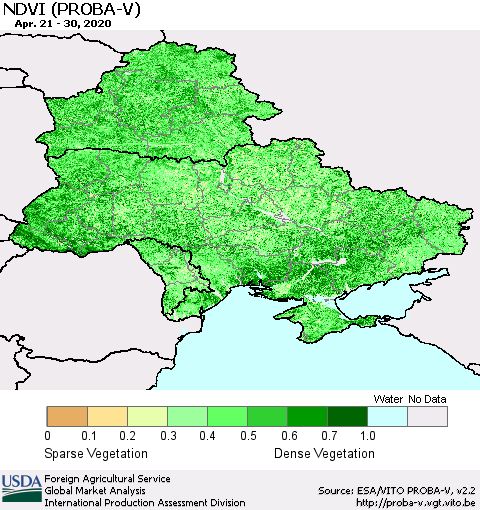 Ukraine, Moldova and Belarus NDVI (PROBA-V) Thematic Map For 4/21/2020 - 4/30/2020