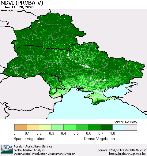 Ukraine, Moldova and Belarus NDVI (PROBA-V) Thematic Map For 6/11/2020 - 6/20/2020