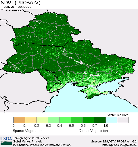 Ukraine, Moldova and Belarus NDVI (PROBA-V) Thematic Map For 6/21/2020 - 6/30/2020