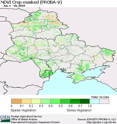 Ukraine, Moldova and Belarus NDVI Crop-masked (PROBA-V) Thematic Map For 1/1/2018 - 1/10/2018