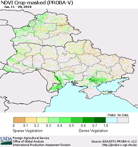 Ukraine, Moldova and Belarus NDVI Crop-masked (PROBA-V) Thematic Map For 1/11/2018 - 1/20/2018