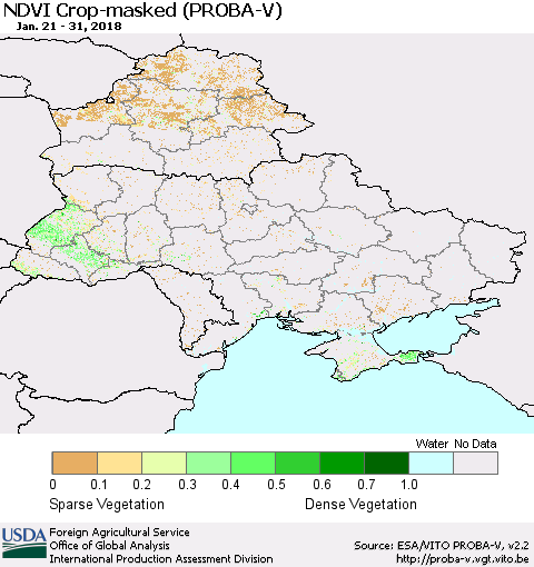 Ukraine, Moldova and Belarus NDVI Crop-masked (PROBA-V) Thematic Map For 1/21/2018 - 1/31/2018